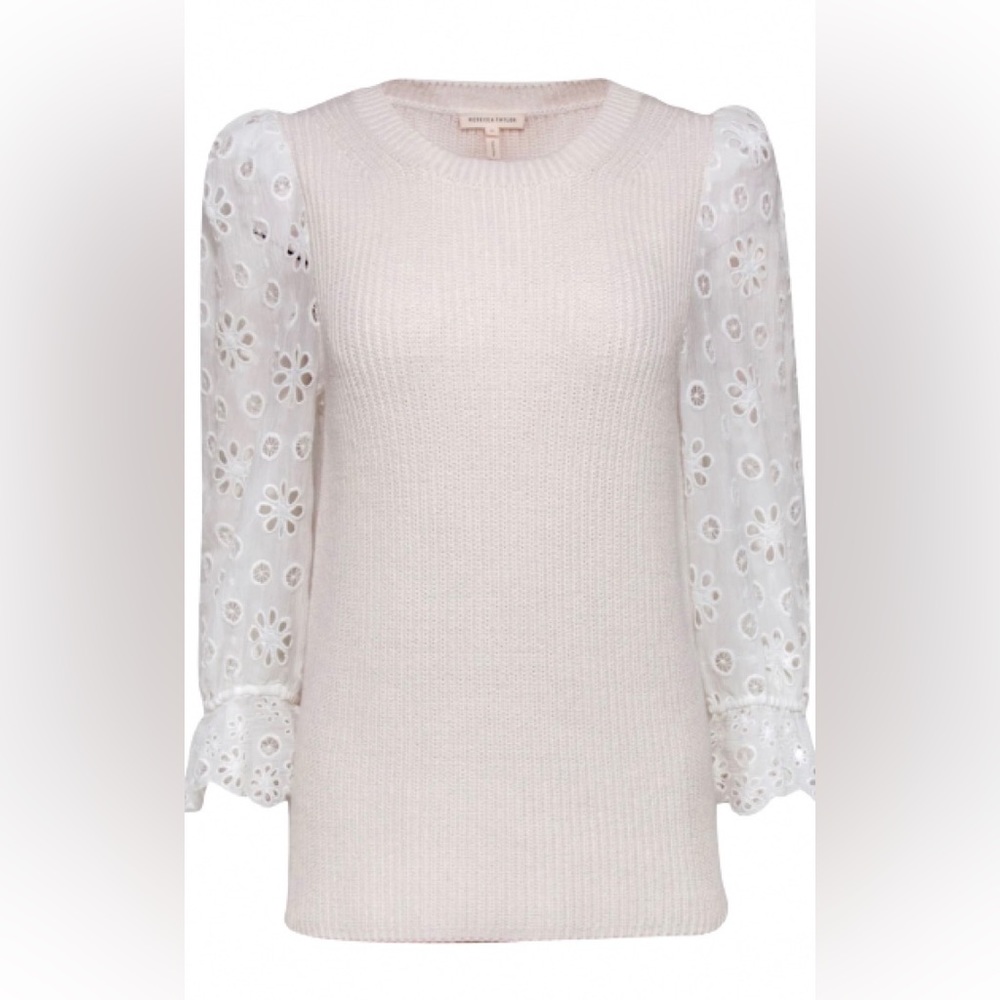 Rebecca Taylor Cream Ribbed Cotton & Silk W/Eyelet Puff Sleeve Sweater